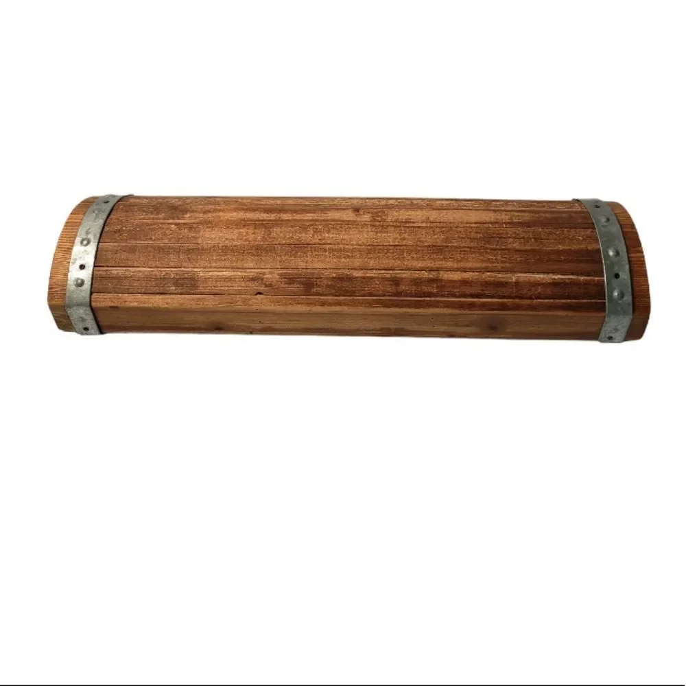 Brown Wooden Wall Display Shelf with Metal Strap Accents